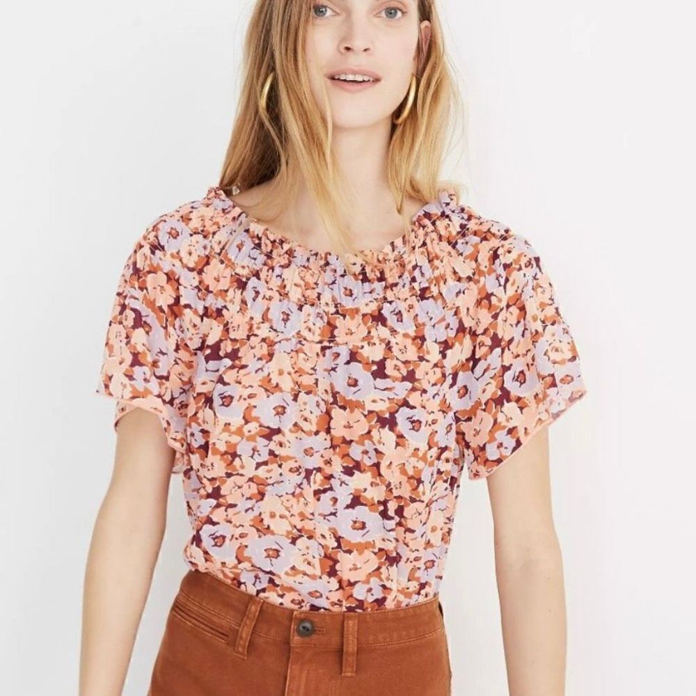 Madewell Smocked Mockneck Top in Floral Breeze Flutter Sleeve Pink Orange Size S